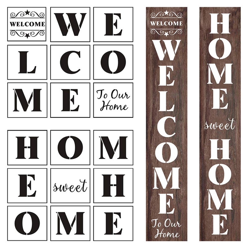 REOLAN Welcome and Home Sweet Home Stencil - 18 Pack Large Vertical Welcome Home Sweet Home Sign Stencils Templates for Painting on Wood, Reusable Letter Stencils for Porch Signs & Front Door Decorations - Image 1